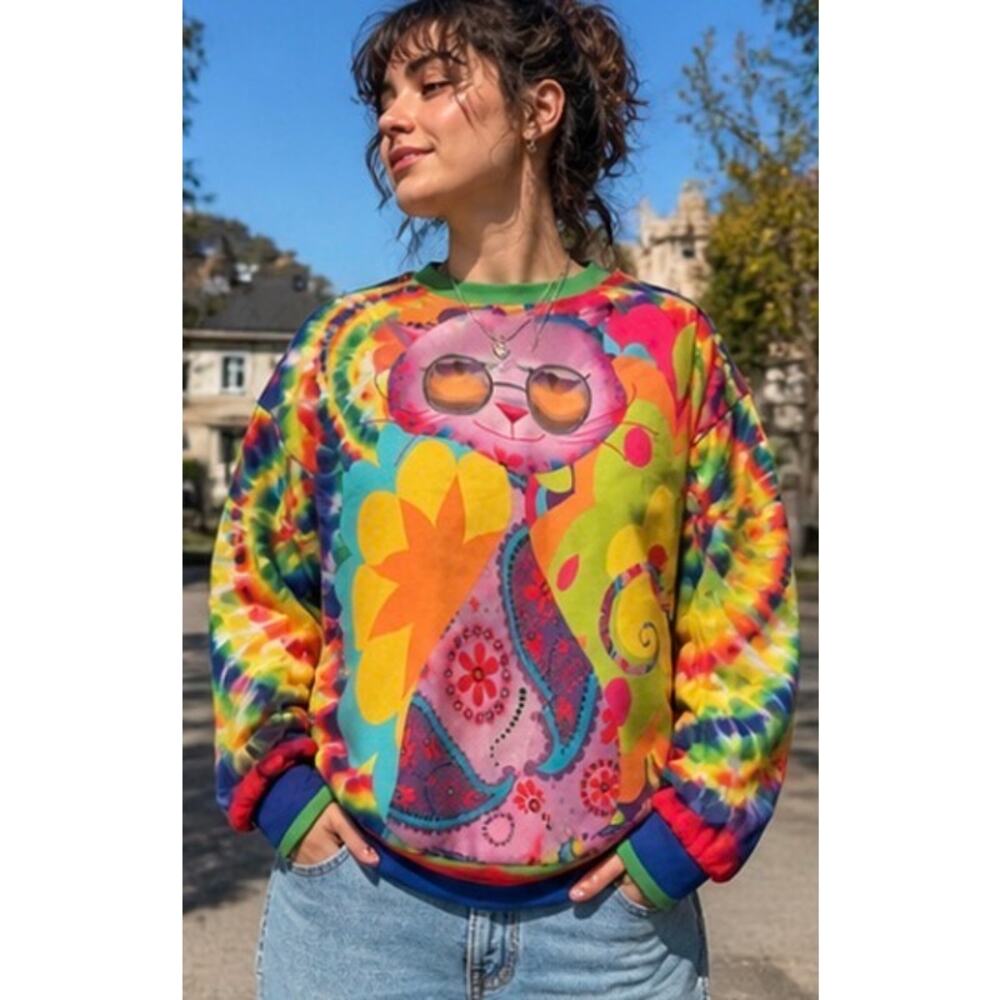 Y2K Psychedelic Cat Sweatshirt – Tie Dye –That Hoody Shop Retro Novelty Crewneck - Picture 2 of 3